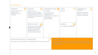 Lean Canvas
35
SOLUCIÓN
Desarrollo de la
plataforma para producir
nuestras propias proteínas,
integrando este insumo a la
producción y reemplazando
proveedores.
MÉTRICAS CLAVE
Etapas en el proceso de
expresión de proteínas.
Número de proteínas
reemplazadas en el
proceso de producción.
PROPOSICIÓN ÚNICA
DE VALOR
Conﬁabilidad del
calendario de
producción, robustez de
los productos
desarrollados.
APOYO
Fábrica
CANALES
Transferencia a fábrica.
SEGMENTOS DE
CLIENTES
Internos y externo.
Fábrica, servicio al
cliente, marketing.
PROBLEMA
Calidad insuﬁciente y
demoras en el
abastecimiento de
proteínas.
ESTRUCTURA DE COSTOS / PRESUPUESTO
Costo de crear la plataforma: equipamiento, insumos y personal
VALOR CREADO
Ahorros por reemplazo los proveedores. Ahorro por evitar costos
de las demoras en producción y lotes de producción que debieron
ser descartados
 