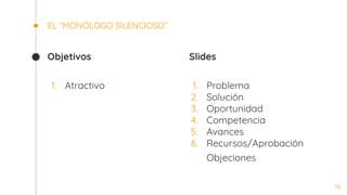 Objetivos
1. Atractivo
EL “MONÓLOGO SILENCIOSO”
Slides
1. Problema
2. Solución
3. Oportunidad
4. Competencia
5. Avances
6. Recursos/Aprobación
Objeciones
38
 