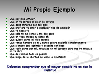Mi Propio Ejemplo Que soy hija AMADA Que en tu abrazo el dolor se esfuma Que debo mirarme con tus ojos Que prefiero tu amor a cualquier tipo de ambición Que te necesito Que solo tu me llenas y me das gozo Que en toda prueba tu estas ahí Que quiero darte mi vida entera Que tengo hambre de ti y nunca quiero saciarla completamente Que siembro con lagrimas y cosecho con gozo Que todo parte por mi, trabajas en mi corazón para que yo trabaje en tu obra Que de rodillas todo es posible Que luego de la libertad se viene lo GRANDE!!! Debemos comprender que el mayor cambio no es con la multitud.   