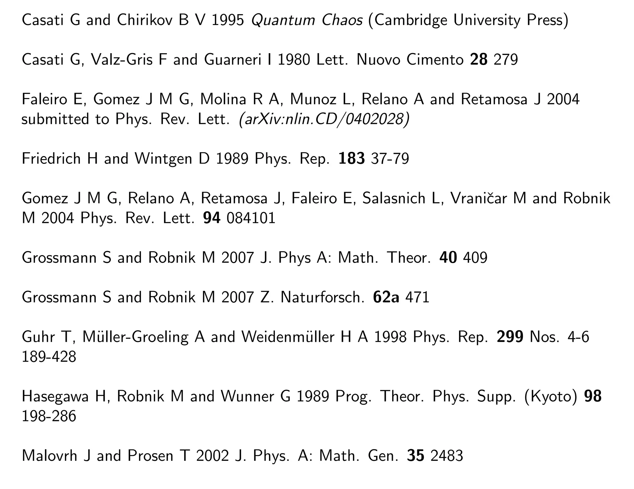 Casati G and Chirikov B V 1995 Quantum Chaos (Cambridge University Press)
Casati G, Valz-Gris F and Guarneri I 1980 Lett. Nuovo Cimento 28 279
Faleiro E, Gomez J M G, Molina R A, Munoz L, Relano A and Retamosa J 2004
submitted to Phys. Rev. Lett. (arXiv:nlin.CD/0402028)
Friedrich H and Wintgen D 1989 Phys. Rep. 183 37-79
Gomez J M G, Relano A, Retamosa J, Faleiro E, Salasnich L, Vraniˇcar M and Robnik
M 2004 Phys. Rev. Lett. 94 084101
Grossmann S and Robnik M 2007 J. Phys A: Math. Theor. 40 409
Grossmann S and Robnik M 2007 Z. Naturforsch. 62a 471
Guhr T, M¨uller-Groeling A and Weidenm¨uller H A 1998 Phys. Rep. 299 Nos. 4-6
189-428
Hasegawa H, Robnik M and Wunner G 1989 Prog. Theor. Phys. Supp. (Kyoto) 98
198-286
Malovrh J and Prosen T 2002 J. Phys. A: Math. Gen. 35 2483
 