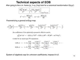 13
Technical aspects of EOB
After going to the c.m. frame (p_1=-p_2=p) look for a canonical transformation G(q,p’)
Parametrizing a general energy-map:
System of algebraic eqs for unknown coefﬁcients; impose b1=2
 