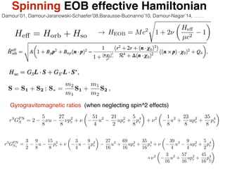 20
Spinning EOB effective Hamiltonian
He↵ = Horb + Hso
S = S1 + S2 ; S⇤ =
m2
m1
S1 +
m1
m2
S2 ,
r3
GPN
S = 2
5
8
⌫u
27
8
⌫p2
r + ⌫
✓
51
4
u2 21
2
up2
r +
5
8
p4
r
◆
+ ⌫2
✓
1
8
u2
+
23
8
up2
r +
35
8
p4
r
◆
r3
GPN
S⇤
=
3
2
9
8
u
15
8
p2
r + ⌫
✓
3
4
u
9
4
p2
r
◆
27
16
u2
+
69
16
up2
r +
35
16
p4
r + ⌫
✓
39
4
u2 9
4
up2
r +
5
2
p4
r
◆
+⌫2
✓
3
16
u2
+
57
16
up2
r +
45
16
p4
r
◆
Gyrogravitomagnetic ratios (when neglecting spin^2 effects)
! HEOB = Mc2
s
1 + 2⌫
✓
He↵
µc2
1
◆
Damour’01, Damour-Jaranowski-Schaefer’08,Barausse-Buonanno’10, Damour-Nagar’14, ……
 