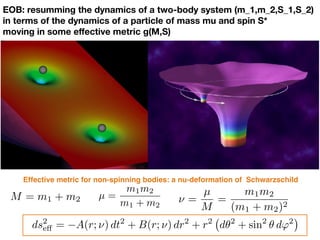 EOB: resumming the dynamics of a two-body system (m_1,m_2,S_1,S_2)
in terms of the dynamics of a particle of mass mu and spin S*
moving in some eﬀective metric g(M,S)
Effective metric for non-spinning bodies: a nu-deformation of Schwarzschild
ds2
e↵ = A(r; ⌫) dt2
+ B(r; ⌫) dr2
+ r2
d✓2
+ sin2
✓ d'2
µ =
m1m2
m1 + m2
M = m1 + m2 ⌫ =
µ
M
=
m1m2
(m1 + m2)2
 