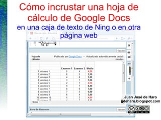 Cómo incrustar una hoja de cálculo de Google Docs en una caja de texto de Ning o en otra página web Juan José de Haro jjdeharo.blogspot.com 