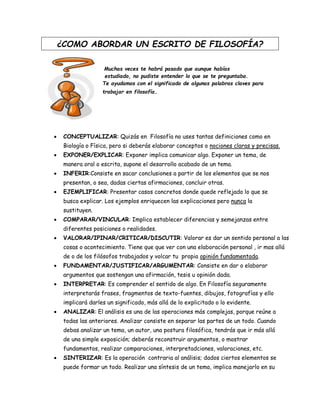 ¿COMO ABORDAR UN ESCRITO DE FILOSOFÍA?
Muchas veces te habrá pasado que aunque habías
estudiado, no pudiste entender lo que se te preguntaba.
Te ayudamos con el significado de algunas palabras claves para
trabajar en filosofía.



CONCEPTUALIZAR: Quizás en Filosofía no uses tantas definiciones como en
Biología o Física, pero si deberás elaborar conceptos o nociones claras y precisas.



EXPONER/EXPLICAR: Exponer implica comunicar algo. Exponer un tema, de
manera oral o escrita, supone el desarrollo acabado de un tema.



INFERIR:Consiste en sacar conclusiones a partir de los elementos que se nos
presentan, o sea, dadas ciertas afirmaciones, concluir otras.



EJEMPLIFICAR: Presentar casos concretos donde quede reflejado lo que se
busca explicar. Los ejemplos enriquecen las explicaciones pero nunca la
sustituyen.



COMPARAR/VINCULAR: Implica establecer diferencias y semejanzas entre
diferentes posiciones o realidades.



VALORAR/IPINAR/CRITICAR/DISCUTIR: Valorar es dar un sentido personal a las
cosas o acontecimiento. Tiene que que ver con una elaboración personal , ir mas allá
de o de los filósofos trabajados y volcar tu propia opinión fundamentada.



FUNDAMENTAR/JUSTIFICAR/ARGUMENTAR: Consiste en dar o elaborar
argumentos que sostengan una afirmación, tesis u opinión dada.



INTERPRETAR: Es comprender el sentido de algo. En Filosofía seguramente
interpretarás frases, fragmentos de texto-fuentes, dibujos, fotografías y ello
implicará darles un significado, más allá de lo explicitado o lo evidente.



ANALIZAR: El análisis es una de las operaciones más complejas, porque reúne a
todas las anteriores. Analizar consiste en separar las partes de un todo. Cuando
debas analizar un tema, un autor, una postura filosófica, tendrás que ir más allá
de una simple exposición; deberás reconstruir argumentos, o mostrar
fundamentos, realizar comparaciones, interpretadciones, valoraciones, etc.



SINTERIZAR: Es la operación contraria al análisis; dados ciertos elementos se
puede formar un todo. Realizar una síntesis de un tema, implica manejarlo en su

 