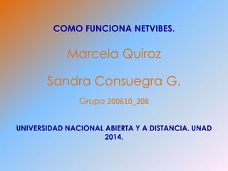 COMO FUNCIONA NETVIBES. 
Marcela Quiroz 
Sandra Consuegra G. 
Grupo 200610_208 
UNIVERSIDAD NACIONAL ABIERTA Y A DISTANCIA. UNAD 
2014. 
 