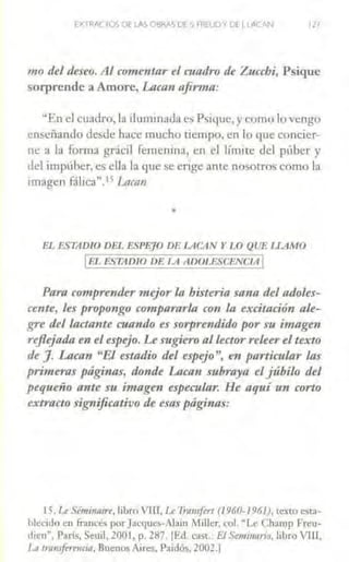EXl RACTOS DE lAS081AS DES FRWDYOC1 l.ACAN 127
mo del deseo. Al comemar el cuadro de Zuccbi, Psique
sorprende aAmore, Lacan afirma:
"Enel cuadro, la iluminada es Psique, ycomo lo vengo
enseñando des<le hace mucho tiempo, en lo que concier-
ne a la forma grácil femenina, en el límite del púber y
<lel impúber, es ella la que se erige anrc nosotros como la
imagen f:ílica". 15 Lacan
•
EL ESTADIO DEL ESPEJO DE l.AC.AN Y LO QUE U.AMO
1EL ESTADIO DP. /A 11DO/,P.SCF.NCIA 1
Para compre11der mejor la histe,.ia sa11a del adoles-
ce11u, les propongo cowpararla con la excitación ale-
gre del lactante mando es sorprendido por su imagen
reflejada en el espejo. Le sugiero al lector releer el texto
de J. Lacan "El estadio del espejo", en particular las
primeras páginas, donde Laca11 subraya el júbilo del
pequeño ante su i11lagen especular. He flquí 1m corto
extracto significativo de esas páginas:
15. Z,, Siminnin, libro VllJ, lr 1hmsfert (J960-1961), texto esta-
bkciJu en francés porJan¡ucs-Afain Millcr, col. "Le Champ Freu-
dien", París, Seuil, 2001, p. 287. ¡Ed. cast.: ElSt:mimuio, libro VIII,
/..o transfernmo, Buenos Aires, Paidós, 2002.1
 