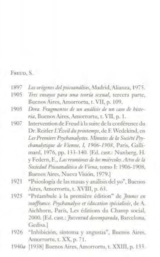FREUD, S.
1897 Los otigenes delpsicoanálisis, J1adrid, Alianza, 1975.
1905 ?res ensayos para una teoría sexual, tercera pane,
Buenos Aires, Amorrorru, t. Vil, p. 109.
1905 Dora. 1'mg111e111os de un análisis de un caso de hi.rte-
1ia, Buenos Aires, Amorrortu, t. Vll, p. 1.
1907 lntervcntion de Freud ala swte de la conférence du
Dr. Rcitler L'Éveildu p1·inte111ps,de F. Wedekind, en
les Premien; Psycba11ah•stes..'llfimttes de /11 Société Psy-
chan11lytique de /lienne, !, 1906-1908, Pa1ís, Galli-
mard, 1976, pp. l33-l40. [F.d. cast.: Nunberg, H.
y Fedem, E., las re1mio11esde los111iércoles.Actosdel11
Sociedad Psicoanalítlt"fl de /lima, tomo 1: 1906-1908.
BuenosJ.ires, Nueva Visión, 1979.J
1921 "Psicología de las masas y análisis del yo'', Buenos
Aires,Arnorrorru, t. xvrn, p. 63.
1925 "Préambule ala premiere édition" de ]e1111es en
srrziffrance. Psychonfllyse et éd11mti1m spécialisée, de A.
Aichhom, París, Les éditions clu Champ social,
2000. [Ed. case.:Juventud desempamtú1, Barcelona,
Geclisa.]
1926 "Inhibición, síntoma y angustia", Buenos Aires,
Arnorrorru, t. XX, p. 71.
1940a [1938j BuenosAircs,Arnorrorru, t. XXill, p. 133.
 