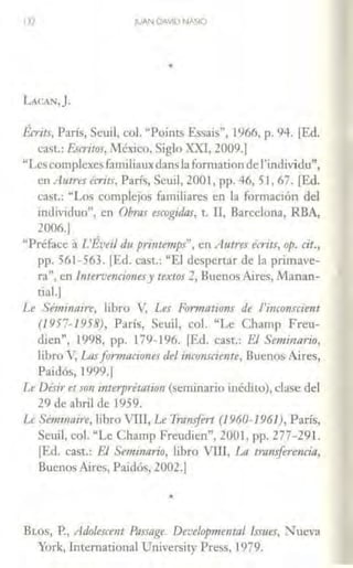 JUAN DAVID NASIO
*
LACAN,].
Écrits, París, Seuil, col. "Points Essais", 1966, p. 94. [Ed.
casl.: Escritos, .México, Siglo XXI, 2009.]
"Les complexes familiauxdans la fonnation elel'individu",
en Autres ecrits, París, Seuil, 2001, pp. 46, 51, 67. [Ed.
cast.: "Los complejos familiares en la formación del
individuo", en Obras escogidas, t. U, Barcelona, RBA,
2006.J
"Préface 11 L'Éveil du printemps", en Autres érrits, op. cit.,
pp. 561-563. [Ecl. cast.: "El despertar de la primave-
ra", en lfllervencionesy textos 2,Buenos Aires, Manan-
tial.]
Le Séminaire, libro V, Les Fomltltions de l'i11consciellt
(1957-1958), París, Seuil, col. "Le Champ Freu-
dien", 1998, pp. 179-196. (Ed. cast.: El Seminario,
libro V, Lasformaciones del inco11.rciente, Buenos Aires,
Paidós, 1999.]
Le Dé.rir etson interprétation (seminario inédito), clase del
29 de abril de 1959.
Le Sémi111ti1·e, libro VID, Le Tranifen (1960-1961), París,
Seuil, col. "Le Champ Freudicn", 2001, pp. 277- 291.
[Ed. cast.: El Se111i11ario. libro Vlli, La tirmsferencia,
Buenos Aires, Paidós, 2002.J
•
BLos, P., Adolescent Passage. Developmental lssues, Nueva
York, lntemational University Press, 1979.
 