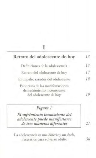 1
Retrato del adolescente de hoy 13
Definiciones de la adolescencia 15
Retrato del adolescente de hoy 17
El impulso creador del adolescente 18
Panorama de las manifestaciones
del sufrimiento inconsciente
del adolescente de hoy
Figura 1
El S'ufriniiento inconsciente del
adolescente puede 1nanifestarse
19
de tres 1naneras diferentes 21
La adolescencia es una histeria y un duelo,
necesarios para volverse adulto 36
 