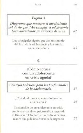 INDICé
Figura 3
Diagr1nna que 11iuestra el 1novi11iiento
del duelo que debe cu:niplir eladolescente
1-IJ
para abandonar su universo de nifio 62
Los principales signos que dan testimonio
del final de la adolescencia y la entrada
en la edad adulta 63
4
¿Cómo actuar
con un adolescente
en crisis aguda?
Consejosprácticos para los profesionales
de la adolescencia 67
¿Cuándo diremos que un adolescente
está en crisis?
La atención de un adolescente en crisis
conúenza cuando el psicoanalista responde
al llamado telefónico de un padre o de Lma
69
madre que pide una consulta de urgencia 77
 