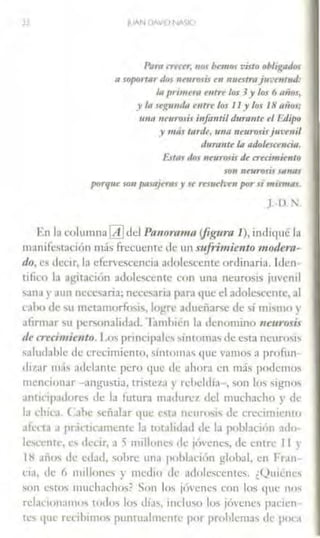 22 JlJAN UAlll>NASIO
Paro lT~tNí nos he1nos ¡,--isto obligado,
a soportardoJ 11eurorir en nuutrajm•n1hul:
/11 p1 h11rt'l1 '"'" los J.Y los 6 111/0_,,
,Y la S<[(ttllllh r1111T los 11yLor18 atto<;
tma 11euroxir infimtiJ dura11tc ti &li(J<I
y 1111ís tnrdt, 11nn 11eurosisjuvt11if
1/11n1nte la adoltsce11cia.
Ert11s 1/0.r neurosis tk cnti111itnto
son nruroris sa11as
porque son fJaJOJ""' r re rrrucfrm porn 111is111as.
J.·O.'
En la columna[4Jdel Pnnornmn <Jigum 1), indiqué la
tnanifc,ta('i{m más frecuente de un m.frimiento 111odern-
do, e' dc<·1r, la efervescencia adnlcsccme ordinaria. ldcn
tilico 1.1 agitación adolescente c:on una neurosis juvenil
Jna r aun necesaria; necc<;ana 1ura 1¡uc el adolesccmc, al
c.1hn de: su mctamnrfo,is, lo~rc adueñarse de sí mMno)
alimur su personalidad. Tamh1cn la denomino 11e11rosis
de crecimiento. Los principales smmmas de esta neurosis
salud.1hlc de crecimiento, sinto111:1~ que vamo!'. a profiin
diwr 111:1s :1dcbnte pero que de :1hor:1 c11 más podemos
mcnoonar -angusua, Lri,1cz:1 } rchdd1a , son los 'igno'
anticipadorc'> de la futur;} madure/ del muchacho r 1k
la t·hit~1 . C1hc scñ;1lar que C:'la ncur<his de crcc11uic1110
afn1a :1 pr.it-tit•Jmeme la to1,1htl:11l de la poblaci<"in a1Ju.
lc'n:ntc, e' decir. a 5 millonc' de jc)cnes, de cnLre 11 y
18 ;11ios de edad, sohrc una puhl:il'iim glnhal, en Fran-
na, dt· 6 millones y mcdw de adolcsct!ntcs. ¿Quu.'nt''
son esto' muchachos? Son los j(ivcncs con los que nos
rdao.:1011<1111m rodos los Jfa,, 1nduso lo;, ¡ó,·cnes pat'Ícn ·
tes que n:<"ihimos puntu;1J111cntt• por prohkmas de pnt~1
 