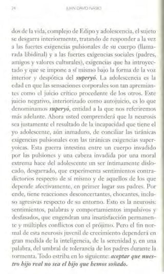 l1 ~AN OAVID NASIO
dos de la vida, complejo de Eclipo yadolescencia, el sujeto
se desgarra interiormente, tratando de responder a la vez;
a las fuertes exigencias pulsionales de su cuerpo (llama-
1<1da übidinal) y a las fuertes exigencias sociales (padres,
amigos y valores culturales), exigencias que ha introyec-
tado y que se impone a sí núsmo bajo la forma de la voz
interior y despótica del mperyó. La adolescencia es la
edad en t¡ue las sensaciones corporales son tan apremian-
tes como el juicio crítico procedente de los otros. Este
juicio negativo, interiorizado como amojuicio, es lo que
denominamos superyó, entidad a la que nos referiremos
más adelante. Ahora usted comprenderá que la neurosis
sea justamente el resultado de la incapacidad que tiene el
yo adolescenrc, aún inmaduro, ele conciliar las tiránicas
exigencias pulsionales con las tiránicas eAigencias super-
yoicas. Esta guerra intestina entre un cuerpo invadido
por las puhiones y una cabeza invadida por una moral
extrema hace tlel adolescente un ser íntimamente clislo-
caclo, desgarrado, que expe1;menta sentimientos contra-
dictorios respecto de sí mismo y ele aqucUos de los que
depende afectivamente, en primer lugar sus padres. Por
ende, tiene reacciones desconccrtamcs, chocantes, inclu-
so agresivas respecto de su entorno. Esto es la neurosis:
scnt.imicntos, palabras y comportamientos impulsivos y
desfasados, que engendran una insatisfacción permanen-
te} múltiples conflictos con el prójimo. Pero el fin nor-
mal <le esta neurosis juvenil de crecimiento dependerá en
gran medida de la inteligencia, de la serenidad y, en una
palabra, del umbral ele tolerancia ele los padres cluranre la
tormenta. "foclo estriba en lo siguiente: aceptar qtte m1es-
tro hijo real no sea el hijo que bet1tos soñado.
 