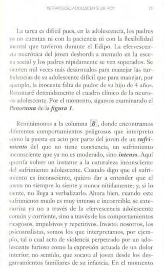 RETRATO DELADOLESCENTEDEHOY
La tarea es difícil pues, en la adolescencia, los padres
1.1no cuentan ni con la paciencia ni con la Aexibilidad
mental que tuvieron durante el Edipo. La efervescen-
' 1;1 neurótica del joven desborda a menudo en la esce-
n .1 social y los padres rápidamente se ven superados. Se
lcnten mil veces más desarmados para manejar las rur-
l111lencias de su adolescente difícil que para manejar, por
1·1~mplo, la inocente falta de pudor de su hijo de 4 años.
Retomaré detenidamente el cuadro clínico <le la neuro-
"' adolescente. Por el momento, sigamos examinando el
/'"norama de lafigum 1.
Remidmonos a la columna lfi.], donde encontramos
1liferentes comportamientos peligrosos que interpreto
•cuno la puesta en acto por parte del joven de un s1tjH-
mie11to del que no tiene conciencia, un sufrimiento
mconsciente que ya no es moderado, sino intenso. Aquí
1¡uerría volver un instante a Ja naturale~ inconsciente
1ld sufrinúemo adolescente. Cuando digo que el sufri-
11ucnto es inconsciente, quiero dar a entender que el
¡oven no siempre lo siente y nunca nítidamente; y, si lo
'lente, no llega a verbafo;arlo. Ahora bien, cuando este
,ufrimiento mudo es muy intenso e incoercible, se exte-
rioriza ya no a través de la efervescencia adolescente
rnmún y corriente, sino a rravés de los comportanúentos
ricsgosos, impulsivos y repetitivos. lnsisto: nosotros, los
psicoanalistas, somos los que interpretamos, por ejem-
plo, tal o cual acto de violencia perpetrado por un ado-
lescente fw·ioso como la expresión acruada de un dolor
11uerior, no sentido, que socava al joven desde los des-
garramienws familiares de sn infancia. En el momento
 