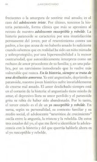 JIJAN DAVID NASlO
frecuentes o la amargura de sentirse mal amado; es el
caso del adolescente trine. Por úlumo, tenemos la his-
Leria para11oidc, forma clúuca que más se aproxima al
retrato de nuestro ad-O/esce11te susceptible y rebelde. La
histeria paran()ide se caracteriza por una insatisfacción
pernrnnente del joven; por el resentimiento contra sus
padres, a los que acusa de no haherlo amado lo suficiente
cuando sabemos que en realidad ha sido un niño nlimado
y sobreprotegido; por una hipersensibilidad a la menor
coni:raricdad, que automáticamente in terp.reca como un
rechazo de amor procedente de su familia; y, en una pala-
bra, por un narcisismo inmoderado que lo vuelve más
vulnerable que nunca. En /a histeria, sie11tpre se trota de
una desilusión amorosa.Ya esLé angustiado, deprinuclo o
paranoide, nuestro joven histérico sufre invariablemente
ele creerse mal amado. El amor desdichado siempre está
en el corazón de la histeria: el angustiado tiene miedo de
amar, el depresivo llora su amor perdido y el paranoide
grita su rabia de haber sido abandonado. Por lo canto,
el tercer estado es el de un yo ~ceptible y rebeltle. En
suma, según su personalidad, su contexto familiar y su
medio social, el adolescente "neurótico de crecimiento"
oscila entre la angusúa, la [ris[eza y la rebeldía. De estos
tres estados del yo, el que me llevó a identificar la adoles-
cencia con b histeria y del que querría hablarle ahora es
el yo susceptible y rebelde.
 