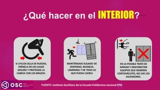 ¿Qué hacer en el INTERIOR?
FUENTE: Instituto Geofísico de la Escuela Politécnica nacional EPN
SI UTILIZA SILLA DE RUEDAS,
FRÉNELA EN UN LUGAR
SEGURO Y PROTÉJASE LA
CABEZA CON LOS BRAZOS.
MANTÉNGASE ALEJADO DE
VENTANAS, MUEBLES,
LÁMPARAS Y DE TODO LO
QUE PUEDA CAERLE
EN LO POSIBLE TRATE DE
APAGAR Y DESCONECTAR
EQUIPOS QUE GENEREN
CORTOCIRCUITO, NO USE LOS
ASCENSORES.
 