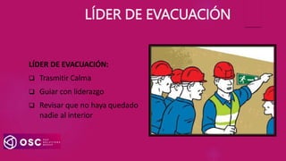 LÍDER DE EVACUACIÓN
LÍDER DE EVACUACIÓN:
 Trasmitir Calma
 Guiar con liderazgo
 Revisar que no haya quedado
nadie al interior
 