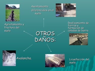 Asentamiento
                  diferenciales en el
                     suelo.


                                        Deslizamiento de
Agrietamiento y                         tierras y
fractura del                            formación de
suelo.                                  coladas de barro.
                     OTROS
                     DAÑOS:


        Avalancha.                       Licuefacción del
                                         suelo.
 
