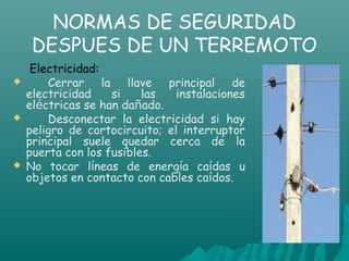 NORMAS DE SEGURIDAD
     DESPUES DE UN TERREMOTO
     Electricidad:
       Cerrar la llave principal de
    electricidad    si    las   instalaciones
    eléctricas se han dañado.
       Desconectar la electricidad si hay
    peligro de cortocircuito; el interruptor
    principal suele quedar cerca de la
    puerta con los fusibles.
   No tocar líneas de energía caídas u
    objetos en contacto con cables caídos.
 