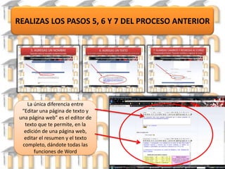 La única diferencia entre “Editar una página de texto y una página web” es el editor de texto que te permite, en la edición de una página web, editar el resumen y el texto completo, dándote todas las funciones de WordREALIZAS LOS PASOS 5, 6 Y 7 DEL PROCESO ANTERIOR 