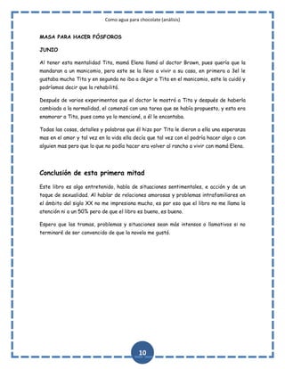 Como agua para chocolate (análisis)
MASA PARA HACER FÓSFOROS
JUNIO
Al tener esta mentalidad Tita, mamá Elena llamó al doctor Brown, pues quería que la
mandaran a un manicomio, pero este se la llevo a vivir a su casa, en primera a 3el le
gustaba mucho Tita y en segunda no iba a dejar a Tita en el manicomio, este la cuidó y
podríamos decir que la rehabilitó.
Después de varios experimentos que el doctor le mostró a Tita y después de haberla
cambiado a la normalidad, el comenzó con una tarea que se había propuesto, y esta era
enamorar a Tita, pues como ya lo mencioné, a él le encantaba.
Todas las cosas, detalles y palabras que él hizo por Tita le dieron a ella una esperanza
mas en el amor y tal vez en la vida ella decía que tal vez con el podría hacer algo o con
alguien mas pero que lo que no podía hacer era volver al rancho a vivir con mamá Elena.

Conclusión de esta primera mitad
Este libro es algo entretenido, habla de situaciones sentimentales, e acción y de un
toque de sexualidad. Al hablar de relaciones amorosas y problemas intrafamiliares en
el ámbito del siglo XX no me impresiona mucho, es por eso que el libro no me llama la
atención ni a un 50% pero de que el libro es bueno, es bueno.
Espero que las tramas, problemas y situaciones sean más intensos o llamativos si no
terminaré de ser convencido de que la novela me gustó.

10

 