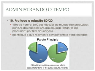 ADMINISTRANDO O TEMPO

• 10. Pratique a relação 80/20.
  • Vilfredo Pareto: 80% das riquezas do mundo são produzidas
    por 20% das nações; 20% das riquezas restantes são
    produzidas por 80% das nações.
  • Identifique o que realmente é importante e trará resultado
 