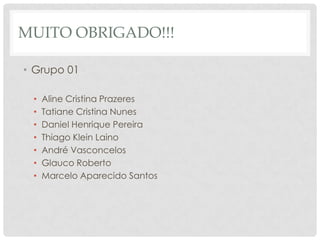 MUITO OBRIGADO!!!

• Grupo 01

 •   Aline Cristina Prazeres
 •   Tatiane Cristina Nunes
 •   Daniel Henrique Pereira
 •   Thiago Klein Laino
 •   André Vasconcelos
 •   Glauco Roberto
 •   Marcelo Aparecido Santos
 