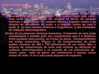 Como a luz funciona   As ondas de luz são um pouco mais complicadas, e eles não precisam de um meio para viajar. Eles podem viajar pelo vazio. Uma onda de luz consiste em energia na forma de campos elétricos e magnéticos. Os campos vibram a ângulos certos e na direção do movimento da onda, e a ângulos certos de uma a outra. A  luz tem campos elétricos e magnéticos, e são chamados de radiação eletromagnética.  Ondas de luz possuem diversos tamanhos. O tamanho de uma onda normalmente é medido pelo seu comprimento que é à distância entre qualquer dois pontos, as cristas ou picos,  correspondentes em ondas sucessivas (Figura 1). Os comprimentos de onda podem alcançar de 400 a 700 bilionésimo de um metro. Mas o alcance do comprimento de onda está incluida na definição da radiação eletromagnética e se estende de um bilionésimo de  metro, como  raios de gama, até centímetros e metros, como ondas de rádio. A luz é uma parte pequena do espectro.  