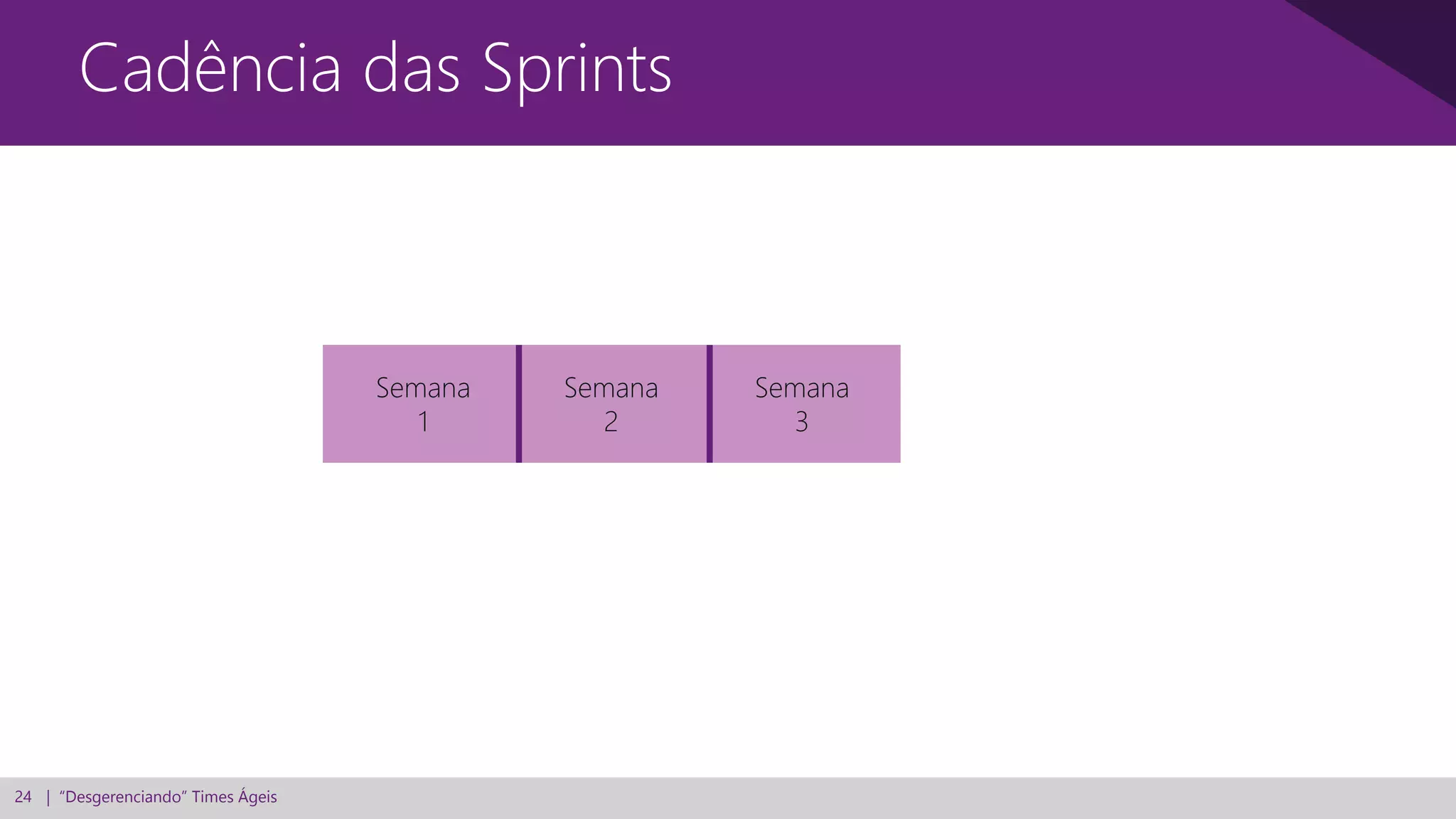 24 | “Desgerenciando” Times Ágeis
Cadência das Sprints
Semana
1
Semana
2
Semana
3
 