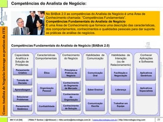 Competências do Analista de Negócio:

                                                                                          No BABok 2.0 as competências do Analista de Negócio é uma Área de
                                                                                          Conhecimento chamada: “Competências Fundamentais”.
                                                                                          Competências Fundamentais do Analista de Negócio
                                                                                          É uma Área de Conhecimento que fornece uma descrição das características,
Como Analista de Negócio interage as praticas da ITIL




                                                                                          dos comportamentos, conhecimentos e qualidades pessoais para dar suporte
                                                                                          as práticas de análise de negócios.



                                                         Competências Fundamentais do Analista de Negócio (BABok 2.0)

                                                            Capacidade          Características           Conhecimento            Habilidades de           Habilidades de                Conhecer
                                                            Analítica e        Comportamentais             do Negócio              Comunicação                Interação                 Aplicações
                                                            Solução de                                                                                          (ou de                  e Softwares
                                                            Problemas                                                                                      Relacionamento)
                                                              Pensamento                                     Princípios e
                                                                Criativo                Ética                Práticas de            Comunicação                Facilitação e             Aplicativos
                                                                                                              Negócio                  Oral                    Negociação                Genéricos

                                                              Tomada de
                                                               Decisão                                     Conhecimento
                                                                                                           do Segmento
                                                                                    Organização             de Mercado                                                                   Aplicativos
                                                             Aprendizagem                                                           Saber Ensinar               Liderança
                                                                                      Pessoal                                                                                            Especialista
                                                                                                           Conhecimento
                                                               Solucionar                                       da
                                                               Problemas                                    Organização
                                                                                                                                    Comunicação               Trabalhar em
                                                              Pensamento           Confiabilidade          Conhecimento               Escrita                    Equipe
                                                               Sistêmico                                    de Solução




                                                        AN V 3.0 [54]   | Rildo F Santos | (@rildosan) | rildo.santos@etecnologia.com.br | www.etecnologia.com.br | http://etecnologia.ning.com         23
 