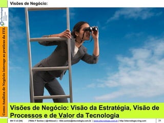 Como Analista de Negócio interage as praticas da ITIL   Visões de Negócio:




                                                        Visões de Negócio: Visão da Estratégia, Visão de
                                                        Processos e de Valor da Tecnologia
                                                        AN V 3.0 [54]   | Rildo F Santos | (@rildosan) | rildo.santos@etecnologia.com.br | www.etecnologia.com.br | http://etecnologia.ning.com   24
 