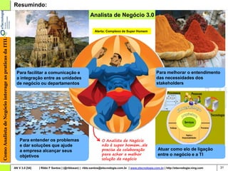 Resumindo:
                                                                                                             Analista de Negócio 3.0

                                                                                                                Alerta: Complexo de Super Homem
Como Analista de Negócio interage as praticas da ITIL




                                                          Para facilitar a comunicação e                                                                    Para melhorar o entendimento
                                                          a integração entre as unidades                                                                    das necessidades dos
                                                          de negócio ou departamentos                                                                       stakeholders




                                                            Para entender os problemas                               O Analista de Negócio
                                                            e dar soluções que ajude                                 não é super homem...ele
                                                            a empresa alcançar seus                                  precisa de colaboração                   Atuar como elo de ligação
                                                            objetivos                                                para achar a melhor                      entre o negócio e a TI
                                                                                                                     solução de negócio

                                                        AN V 3.0 [54]   | Rildo F Santos | (@rildosan) | rildo.santos@etecnologia.com.br | www.etecnologia.com.br | http://etecnologia.ning.com   31
 