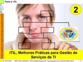 Parte 2: ITIL



                                                                                                                                                                                              2
Como Analista de Negócio interage as praticas da ITIL




                                                                 ITIL, Melhores Práticas para Gestão de
                                                                             Serviços de TI
                                                        AN V 3.0 [54]   | Rildo F Santos | (@rildosan) | rildo.santos@etecnologia.com.br | www.etecnologia.com.br | http://etecnologia.ning.com   35
 