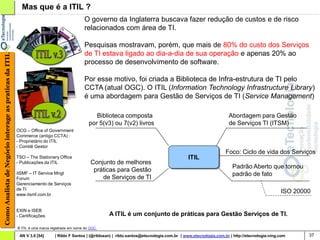 Mas que é a ITIL ?
                                                                                             O governo da Inglaterra buscava fazer redução de custos e de risco
                                                                                             relacionados com área de TI.

                                                                                             Pesquisas mostravam, porém, que mais de 80% do custo dos Serviços
                                                                                             de TI estava ligado ao dia-a-dia de sua operação e apenas 20% ao
Como Analista de Negócio interage as praticas da ITIL




                                                                                             processo de desenvolvimento de software.

                                                                                             Por esse motivo, foi criada a Biblioteca de Infra-estrutura de TI pelo
                                                                                             CCTA (atual OGC). O ITIL (Information Technology Infrastructure Library)
                                                                                             é uma abordagem para Gestão de Serviços de TI (Service Management)

                                                                                                  Biblioteca composta                                                 Abordagem para Gestão
                                                                                               por 5(v3) ou 7(v2) livros                                              de Serviços TI (ITSM)
                                                        OCG – Office of Government
                                                        Commerce (antigo CCTA) :
                                                        - Proprietário do ITIL
                                                        - Comitê Gestor
                                                                                                                                                                     Foco: Ciclo de vida dos Serviços
                                                        TSO – The Stationery Office                                                              ITIL
                                                        - Publicações da ITIL                   Conjunto de melhores
                                                                                                                                                                        Padrão Aberto que tornou
                                                        itSMF – IT Service Mngt
                                                                                                 práticas para Gestão
                                                                                                                                                                        padrão de fato
                                                        Forum                                       de Serviços de TI
                                                        Gerenciamento de Serviços
                                                        de TI
                                                        www.itsmf.com.br
                                                                                                                                                                                                 ISO 20000


                                                        EXIN e ISEB
                                                        - Certificações                                  A ITIL é um conjunto de práticas para Gestão Serviços de TI.

                                                        ® ITIL é uma marca registrada em nome do OGC

                                                         AN V 3.0 [54]       | Rildo F Santos | (@rildosan) | rildo.santos@etecnologia.com.br | www.etecnologia.com.br | http://etecnologia.ning.com     37
 