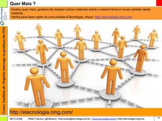 Quer Mais ?
                                                         Gostou quer mais, gostaria de receber outros materiais sobre o mesmo tema e novas versões deste
                                                         material...
                                                         Venha para fazer parte da comunidade eTecnologia, clique: http://etecnologia.ning.com
Como Analista de Negócio interage as praticas da ITIL




                                                        http://etecnologia.ning.com/
                                                        AN V 3.0 [54]   | Rildo F Santos | (@rildosan) | rildo.santos@etecnologia.com.br | www.etecnologia.com.br | http://etecnologia.ning.com   57
 