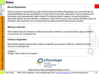Notas:
                                                          Marcas Registradas:

                                                          Todos os termos mencionados que são reconhecidos como Marca Registrada e/ou comercial são de
                                                          responsabilidades de seus proprietários. O autor informa não estar associada a nenhum produto e/ou
                                                          fornecedor que é apresentado neste material. No decorrer deste, imagens, nomes de produtos e
Como Analista de Negócio interage as praticas da ITIL




                                                          fabricantes podem ter sido utilizados, e desde já o autor informa que o uso é apenas ilustrativo para fins
                                                          educativo, não visando ao lucro, favorecimento ou desmerecimento da marca ou produto.


                                                          Melhoria e Revisão:

                                                          Este material esta em processo constante de revisão e melhoria, se você encontrou algum problema
                                                          ou erro envie um e-mail para nós.

                                                          Criticas e Sugestões:

                                                          Nós estamos abertos para receber criticas e sugestões que possam melhorar o material, por favor
                                                          envie um e-mail para nós.

                                                          Imagens:
                                                          Google, Flickr e Banco de Imagem.




                                                                                           Rildo Santos (rildo.santos@etecnologia.com.br)
                                                        AN V 3.0 [54]   | Rildo F Santos | (@rildosan) | rildo.santos@etecnologia.com.br | www.etecnologia.com.br | http://etecnologia.ning.com   59
 