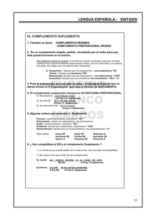 EUGENIO
FRANCO
MARCOS
LENGUA ESPAÑOLA.- SINTAXIS
33
EL COMPLEMENTO SUPLEMENTO
1. También se llama: COMPLEMENTO RÉGIMEN
COMPLEMENTO PREPOSICIONAL REGIDO
2. Es un complemento exigido, pedido, necesitado por el verbo para que
éste pueda funcionar en la oración.
Qué significa la definición anterior: Si te observas cuando construyes oraciones, te darás
cuenta de que cuando empleamos determinados verbos, de forma automática, sin quererlo,
nos piden, nos exigen usar una determinada preposición.
Ej. Arrepentirse : Siempre que nos arrepentimos , nos arrepentimos “DE”
Pensar : Siempre que pensamos “EN”
Relacionarse: Siempre que nos relacionamos , nos relacionamos “ CON”
Convertirse: Siempre que nos convertimos nos convertimos “ EN o “ A “
3. Pues la preposición que nos pide el verbo + el Sintagna Nominal que va
detrás forman el S Preposicional que hace la función de SUPLEMENTO.
4. El complemento suplemento siempre es UN SINTAGMA PREPOSICIONAL.
Ej. Me arrepiento de mi falta de respeto
S Prep = C. Suplemento
Ej. Se convirtió en un ser irreconocible
S Prep. C. Suplemento
Ej. Se relacionaba bien con sus vecinos
S prep. C Suplemento.
5. Algunos verbos que necesitan C. Suplemento
Provenir: cuando se proviene, se proviene “ DE “
Preocuparse: cuando nos preocupamos, nos preocupamos
Dudar : cuando dudamos , dudamos “ DE “.
Colaborar: siempre que colaboramos, colaboramos “ CON “
Acostumbrarse: siempre que nos acostumbramos, nos acostumbramos “ A “
Otros verbos: Fiarse DE Influir EN Dedicarse A
Acordarse DE Confiar EN Acordarse DE
Aspirar A Ocuparse DE Parecerse A
6. ¿ Son compatibles el OD y el complemento Suplemento ?
1. Lo normal es que cuando existe uno no esté el otro. Hay una cierta incompatibilidad.
2. Hay casos en los que se dan los dos complementos
Ej. Confió sus mejores secretos en su amigo del alma
SN OD S Prep. C Suplemento.
Ej Informó a su jefe de los asuntos pendientes
S Prp OD S Prep C. Suplemento
 