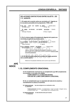 EUGENIO
FRANCO
MARCOS
LENGUA ESPAÑOLA.- SINTAXIS
37
RELACIONES SINTÁCTICAS ENTRE SUJETO , OD
Y C .AGENTE.
1. El sujeto de la oración activa se convierte en C. Agente en
la voz pasiva precedido de la preposición: POR o DE.
Ej. El aire elevó con rapidez al globo..............Oración activa
SN Sujeto activo S Prep. OD
El globo fue elevado con rapidez por el aire.........Oración
pasiva
SN Sujet. Paciente S Prep C. Agente
2. Por la misma regla el Complemento Agente de la pasiva se
convierte el sujeto de la oración activa
Ej. Los árboles fueron cortados por los leñadores...............Oración
pasiva
Sujeto Pacienete C. Agente
Ej Los leñadores cortaron los árboles..................Oración activa
SN Sujeto activo SN OD
Observa: Como el C. Agente lleva preposición en la pasiva, cuando
pasa a Sujeto de la oración activa, pierde la preposición porque el sujeto
nunca lleva preposición.
3. El OD de la oración activa se convierte en sujeto paciente
de la oración pasiva
Observa en los ejemplos anteriores como ocurre lo que afirmamos.
APÉ
NDICE
1. EL COMPLEMENTO ORACIONAL
A. El complemento oracional es un complemento que NO complementa
ni al nombre, ni al verbo, NI a NADA.
COMPLEMENTA A LA ORACIÓN ENTERA.
POR ESO SE LLAMA COMPLEMENTO ORACIONAL
B. Es un complemento que va separado del resto de la oración y
normalmente se coloca al comienzo.
Ej. Tradicionalmente, las aves emigran de un continente a otro.
C. Oracional
Tradicionalmente: No afecta , ni complementa a “ aves” ni al verbo “ emigran”, sino a
la oración entera: Las aves emigran de un continente a otro.
Ej. Desgraciadamente, lo malo abunda más que lo bueno
C. Oracional
 