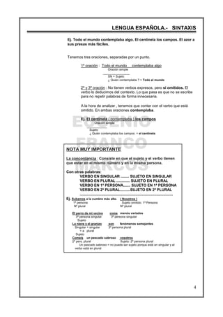 EUGENIO
FRANCO
MARCOS
LENGUA ESPAÑOLA.- SINTAXIS
4
NOTA MUY IMPORTANTE
La concordancia : Consiste en que el sujeto y el verbo tienen
que estar en el mismo número y en la misma persona.
Con otras palabras:
VERBO EN SINGULAR ........ SUJETO EN SINGULAR
VERBO EN PLURAL ............. SUJETO EN PLURAL
VERBO EN 1ª PERSONA....... SUJETO EN 1ª PERSONA
VERBO EN 2ª PLURAL..........SUJETO EN 2ª PLURAL
..........................................................................................
Ej. Subamos a la cumbre más alta- ( Nosotros )
1ª persona Sujeto omitido: 1ª Persona
Nº plural Nº plural
El perro de mi vecino come menús variados
3ª persona singular 3ª persona singular
Sujeto
La nieve y el granizo son fenómenos semejantes
Singular + singular 3ª persona plural
= a plural
Sujeto
Comeis un pescado sabroso vosotros
2ª pers. plural Sujeto: 2ª persona plural
Un pescado sabroso = no puede ser sujeto porque está en singular y el
verbo está en plural
Ej. Todo el mundo contemplaba algo. El centinela los campos. El azor a
sus presas más fáciles.
Tenemos tres oraciones, separadas por un punto.
1ª oración : Todo el mundo contemplaba algo
Oración simple
________________
SN = Sujeto
¿ Quién contemplaba ? = Todo el mundo
2ª y 3ª oración : No tienen verbos expresos, pero sí omitidos. El
verbo lo deducimos del contexto. Lo que pasa es que no se escribe
para no repetir palabras de forma innecesaria.
A la hora de analizar , tenemos que contar con el verbo que está
omitido. En ambas oraciones contemplaba.
Ej. El centinela { contemplaba } los campos
Oración simple
____________
Sujeto
¿ Quién contemplaba los campos: = el centinela
 