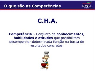 O que são as Competências

C.H.A.
Competência – Conjunto de conhecimentos,
habilidades e atitudes que possibilitam
desempenhar determinada função na busca de
resultados concretos.

 