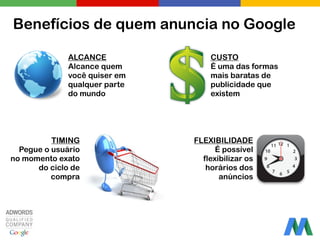 Benefícios de quem anuncia no Google
ALCANCE
Alcance quem
você quiser em
qualquer parte
do mundo
CUSTO
É uma das formas
mais baratas de
publicidade que
existem
TIMING
Pegue o usuário
no momento exato
do ciclo de
compra
FLEXIBILIDADE
É possível
flexibilizar os
horários dos
anúncios
 