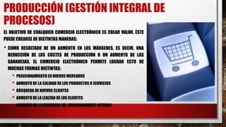 PRODUCCIÓN (GESTIÓN INTEGRAL DE
PROCESOS)
EL OBJETIVO DE CUALQUIER COMERCIO ELECTRÓNICO ES CREAR VALOR. ÉSTE
PUEDE CREARSE DE DISTINTAS MANERAS:
• COMO RESULTADO DE UN AUMENTO EN LOS MÁRGENES, ES DECIR, UNA
REDUCCIÓN DE LOS COSTES DE PRODUCCIÓN O UN AUMENTO DE LAS
GANANCIAS. EL COMERCIO ELECTRÓNICO PERMITE LOGRAR ESTO DE
MUCHAS FORMAS DISTINTAS:
• POSICIONAMIENTO EN NUEVOS MERCADOS
• AUMENTO DE LA CALIDAD DE LOS PRODUCTOS O SERVICIOS
• BÚSQUEDA DE NUEVOS CLIENTES
• AUMENTO DE LA LEALTAD DE LOS CLIENTES
• AUMENTO DE LA EFICIENCIA DEL FUNCIONAMIENTO INTERNO
 