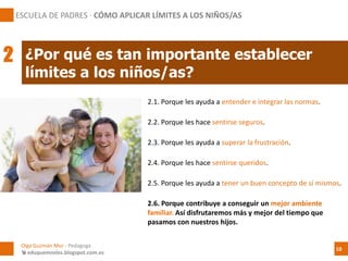 2.1. Porque les ayuda a entender e integrar las normas.
¿Por qué es tan importante establecer
límites a los niños/as?
Olga Guzmán Mur - Pedagoga
 eduquemoslos.blogspot.com.es
ESCUELA DE PADRES · CÓMO APLICAR LÍMITES A LOS NIÑOS/AS
10
2
2.2. Porque les hace sentirse seguros.
2.3. Porque les ayuda a superar la frustración.
2.4. Porque les hace sentirse queridos.
2.5. Porque les ayuda a tener un buen concepto de sí mismos.
2.6. Porque contribuye a conseguir un mejor ambiente
familiar. Así disfrutaremos más y mejor del tiempo que
pasamos con nuestros hijos.
 