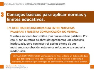3.9. DEBE HABER CONCORDANCIA ENTRE NUESTRAS
PALABRAS Y NUESTRA COMUNICACIÓN NO VERBAL.
Nuestras acciones transmiten más que nuestras palabras. Por
eso, si con nuestras palabras desaprobamos una conducta
inadecuada, pero con nuestros gestos o tono de voz
mostramos aprobación, estaremos reforzando su conducta
inadecuada.
Consejos básicos para aplicar normas y
límites educativos.
ESCUELA DE PADRES · CÓMO APLICAR LÍMITES A LOS NIÑOS/AS
3
Olga Guzmán Mur - Pedagoga
 eduquemoslos.blogspot.com.es
19
MENSAJE CONTRADICTORIO: Viendo como mi hijo se toma un biberón le digo
que debe empezar ya a beber la leche en taza, mientras lo contemplo
sonriente, enternecida por la imagen de bebé que me transmite con el biberón.
 