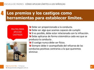  Debe ser proporcionado a la conducta.
 Debe ser algo que seamos capaces de cumplir.
 Si es posible, debe estar relacionado con la infracción.
 Debe aplicarse de forma sistemática cada vez que se
produzca la conducta .
 El castigo nunca debe ser físico.
 Siempre debe ir acompañado del refuerzo de las
conductas positivas contrarias a la que queremos
eliminar.
PAUTAS PARA
APLICAR
CASTIGOS
Los premios y los castigos como
herramientas para establecer límites.
ESCUELA DE PADRES · CÓMO APLICAR LÍMITES A LOS NIÑOS/AS
4
Olga Guzmán Mur - Pedagoga
 eduquemoslos.blogspot.com.es
26
 