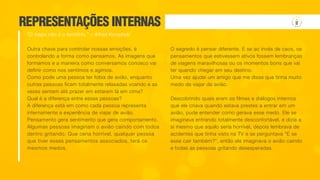 REPRESENTAÇÕES INTERNAS
Outra chave para controlar nossas emoções, é
controlando a forma como pensamos. As imagens que
formamos e a maneira como conversamos conosco vai
definir como nos sentimos e agimos.
Como pode uma pessoa ter fobia de avião, enquanto
outras pessoas ficam totalmente relaxadas voando e as
vezes sentem até prazer em estarem lá em cima?
Qual é a diferença entre essas pessoas?
A diferença está em como cada pessoa representa
internamente a experiência de viajar de avião.
Pensamento gera sentimento que gera comportamento.
Algumas pessoas imaginam o avião caindo com todos
dentro gritando. Que cena horrível, qualquer pessoa
que tiver esses pensamentos associados, terá os
mesmos medos.
O segredo é pensar diferente. E se ao invés de caos, os
pensamentos que estivessem ativos fossem lembranças
de viagens maravilhosas ou os momentos bons que vai
ter quando chegar em seu destino.
Uma vez ajudei um amigo que me disse que tinha muito
medo de viajar de avião.
Descobrindo quais eram os filmes e diálogos internos
que ele criava quando estava prestes a entrar em um
avião, pude entender como gerava esse medo. Ele se
imaginava entrando totalmente desconfortável, e dizia a
si mesmo que aquilo seria horrível, depois lembrava de
acidentes que tinha visto na TV e se perguntava “E se
esse cair também?”, então ele imaginava o avião caindo
e todas as pessoas gritando desesperadas.
"O mapa não é o território," – Alfred Korzybski
 