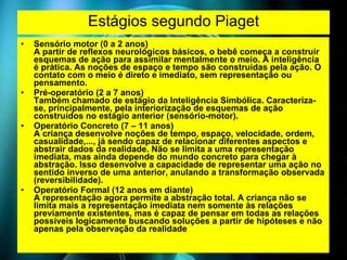 Estágios segundo Piaget Sensório motor (0 a 2 anos) A partir de reflexos neurológicos básicos, o bebê começa a construir esquemas de ação para assimilar mentalmente o meio. A inteligência é prática. As noções de espaço e tempo são construídas pela ação. O contato com o meio é direto e imediato, sem representação ou pensamento.  Pré-operatório (2 a 7 anos) Também chamado de estágio da Inteligência Simbólica. Caracteriza-se, principalmente, pela interiorização de esquemas de ação construídos no estágio anterior (sensório-motor).  Operatório Concreto (7 – 11 anos) A criança desenvolve noções de tempo, espaço, velocidade, ordem, casualidade,..., já sendo capaz de relacionar diferentes aspectos e abstrair dados da realidade. Não se limita a uma representação imediata, mas ainda depende do mundo concreto para chegar à abstração. Isso desenvolve a capacidade de representar uma ação no sentido inverso de uma anterior, anulando a transformação observada (reversibilidade).  Operatório Formal (12 anos em diante) A representação agora permite a abstração total. A criança não se limita mais a representação imediata nem somente às relações previamente existentes, mas é capaz de pensar em todas as relações possíveis logicamente buscando soluções a partir de hipóteses e não apenas pela observação da realidade  