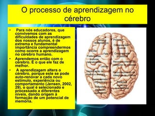 O processo de aprendizagem no cérebro   Para nós educadores, que convivemos com as dificuldades de aprendizagem dos nossos alunos, é de extrema e fundamental importância compreendermos como ocorre a aprendizagem no cérebro humano. Aprendemos então com o cérebro. É o que ele faz de melhor. A aprendizagem altera o cérebro, porque este se pode auto-renovar a cada novo estímulo, experiência ou comportamento (Jensen, 2002, 29), o qual é selecionado e processado a diferentes  níveis, dando origem à formação de um potencial de memória.  