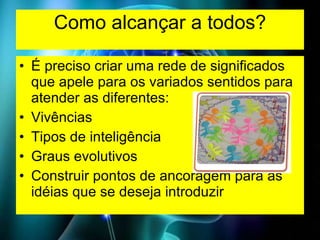 Como alcançar a todos? É preciso criar uma rede de significados que apele para os variados sentidos para atender as diferentes: Vivências Tipos de inteligência Graus evolutivos Construir pontos de ancoragem para as idéias que se deseja introduzir 
