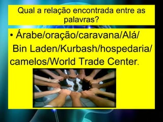 Qual a relação encontrada entre as palavras? Árabe/oração/caravana/Alá/ Bin Laden/Kurbash/hospedaria/ camelos/World Trade Center . 